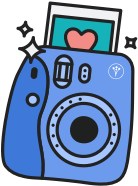 sticker-style icon of a polaroid-type camera printing out a photo, accompanied by sparkles