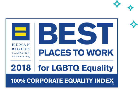 badge for the Human Rights Campaign Foundation's 2018 Best Places to Work for LGBTQ Equality 100% corporate equality index
