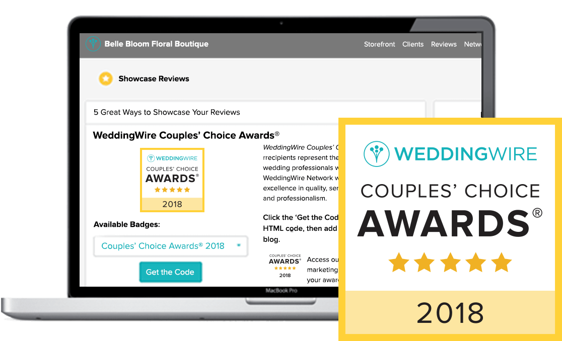 Graphic of a laptop showing the Reviews tab of the WeddingWire vendor dashboard, and the 2018 Couples' Choice Award badge