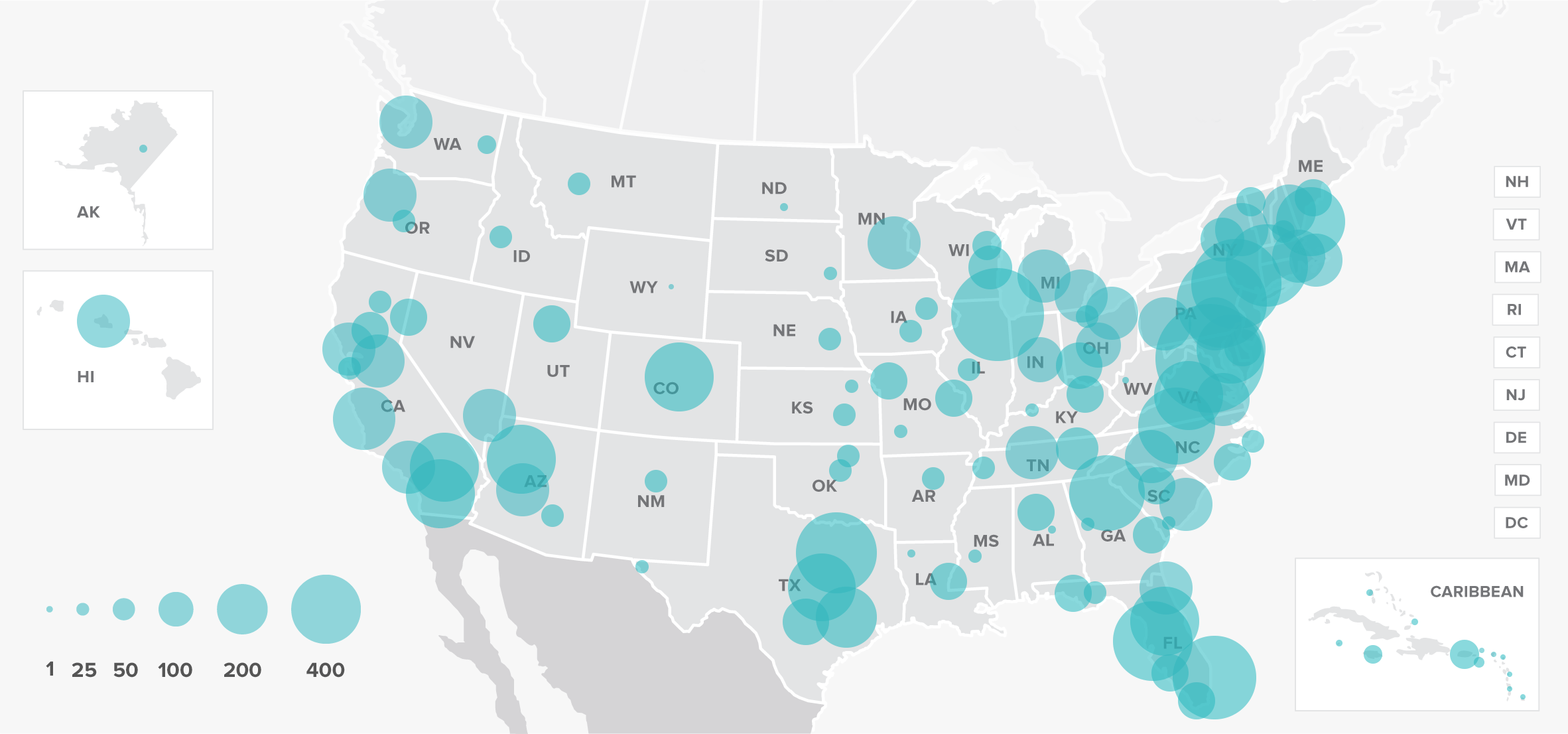 Map of the U.S. and the Caribbean with teal circles indicating the number of Couples' Choice Award winners in each region