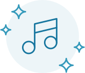 icon of two musical notes. icon is positioned in a light blue circle with sparkle accents