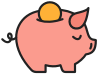 sticker style icon of a serene-looking piggy bank with a coin being deposited