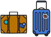 sticker-style icon of an old-style suitcase and a modern rolling suitcase, both adorned with stickers