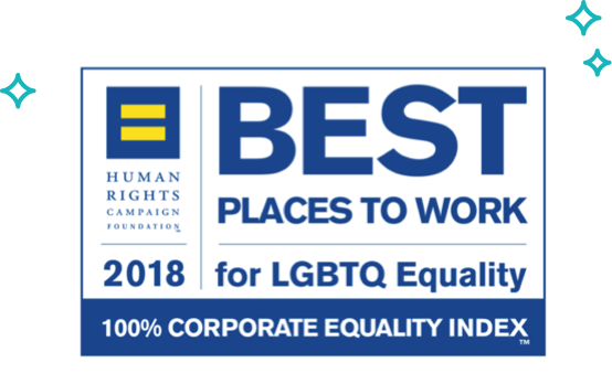 badge for the Human Rights Campaign Foundation's 2018 Best Places to Work for LGBTQ Equality 100% corporate equality index