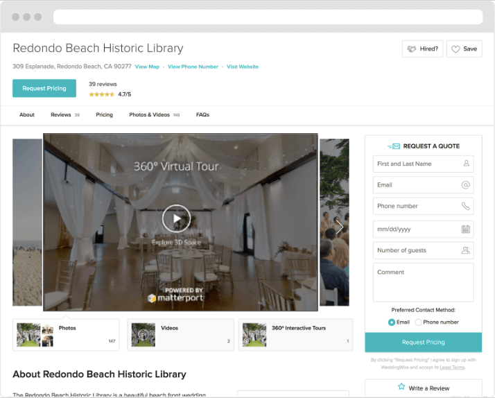 Preview of a 360° Virtual Tour on a Storefront on WeddingWire